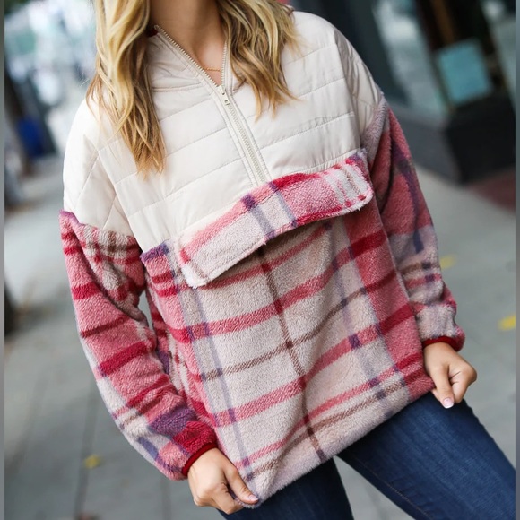 Taupe & Pink Half-Zip Plaid Hooded Sherpa Fleece & Puffer Winter Woman  Pullover - Picture 2 of 16